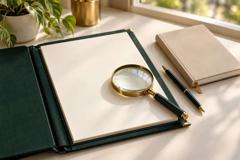 Ilustración editorial: lupa, carpeta y cuaderno para revisar documentación.